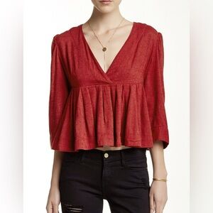Free People Crossover V-Neck 3/4 Sleeves Empire Waist Pleated Peplum Top Sz S